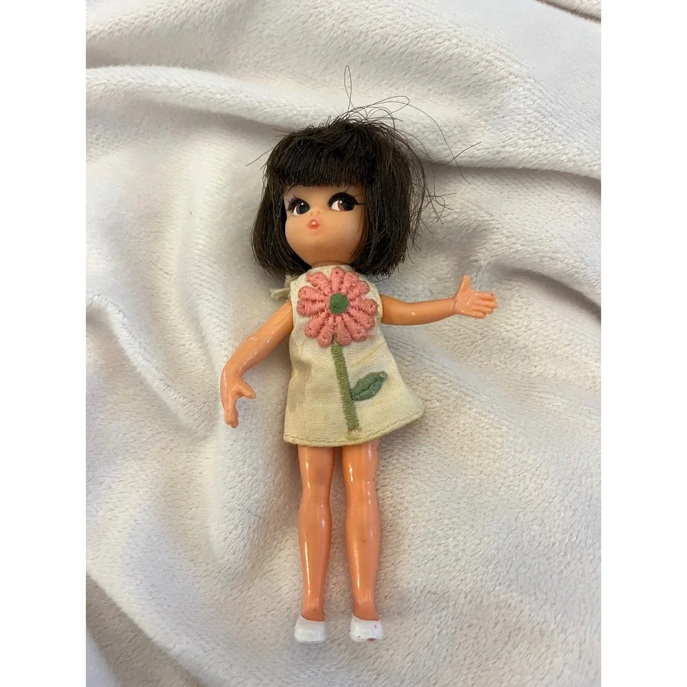 Vintage Hasbro Dolly Darling Doll Brunette Flower Dress Mod Miniature 1960s Toy